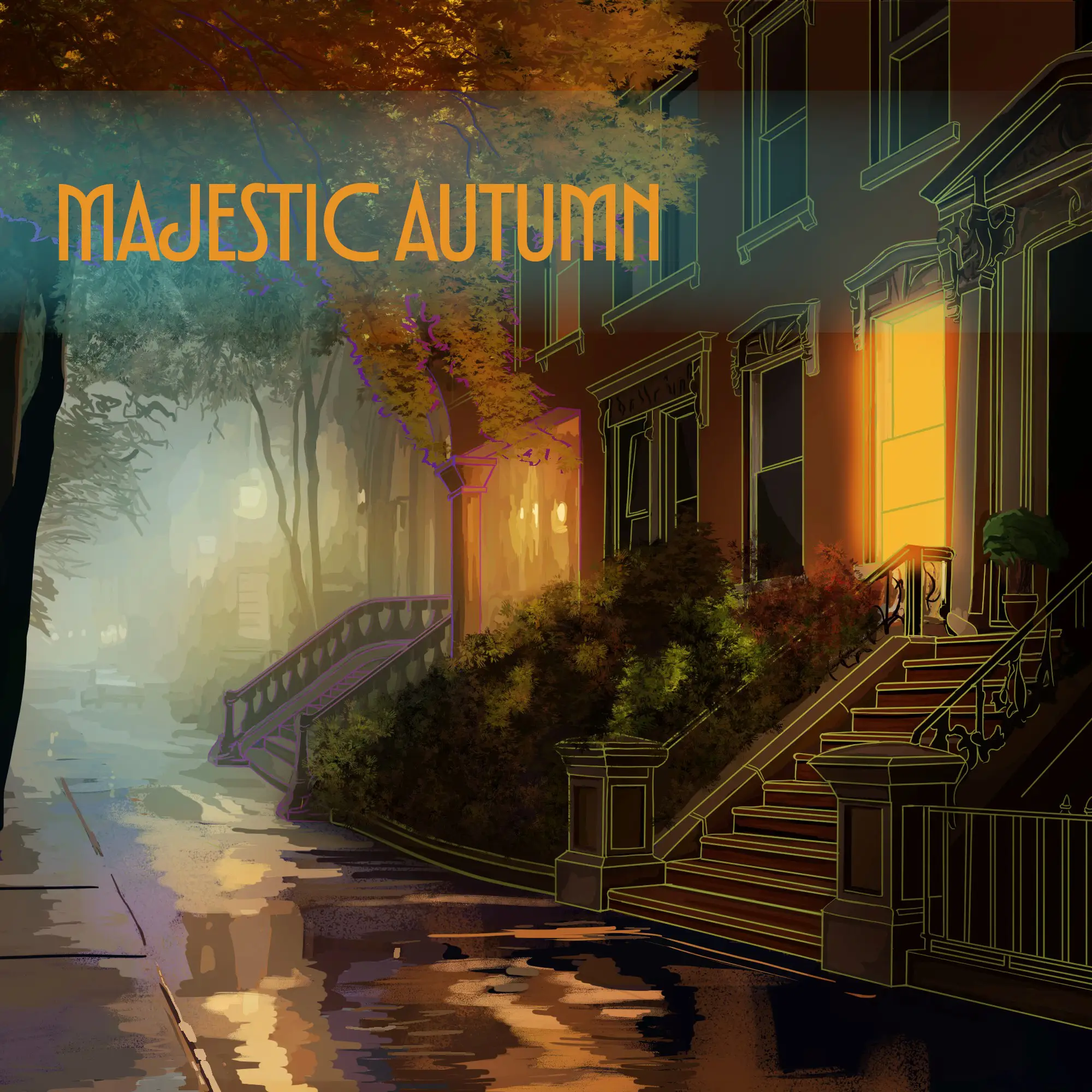 Illustration of a New York street in early evening during autumn, lined with trees covered in orange leaves