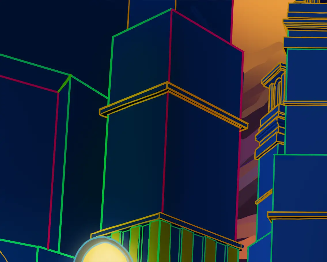 The City Between Worlds detail showing colored outlines used as an extension of light on the surfaces