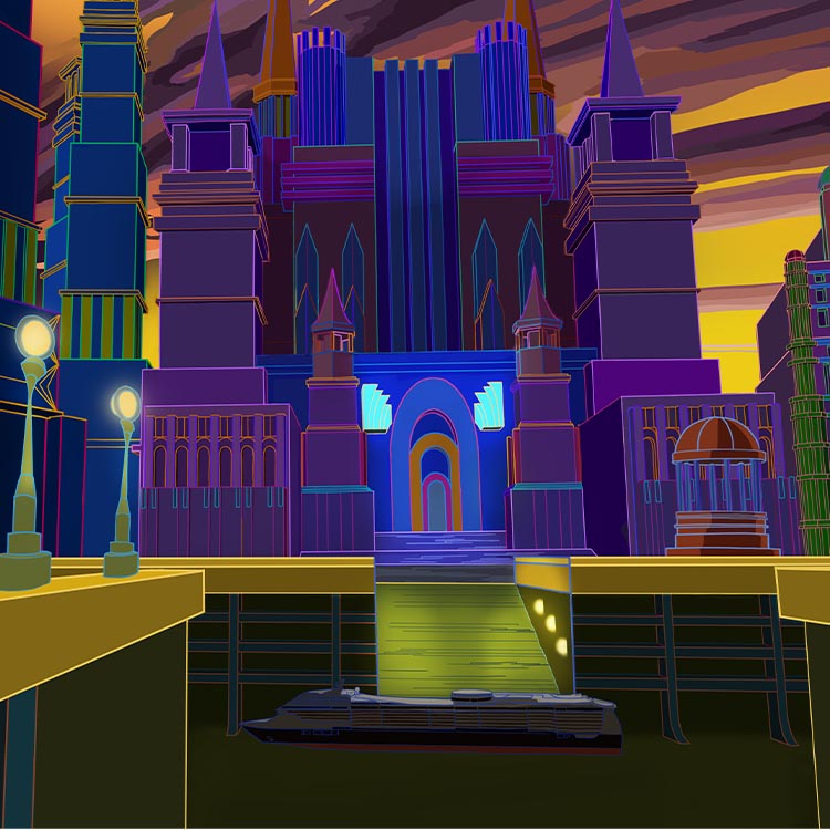 Mystical concept art of a riverbank with a church inspired by Gothic architecture, surrounded by a strange and atmospheric landscape