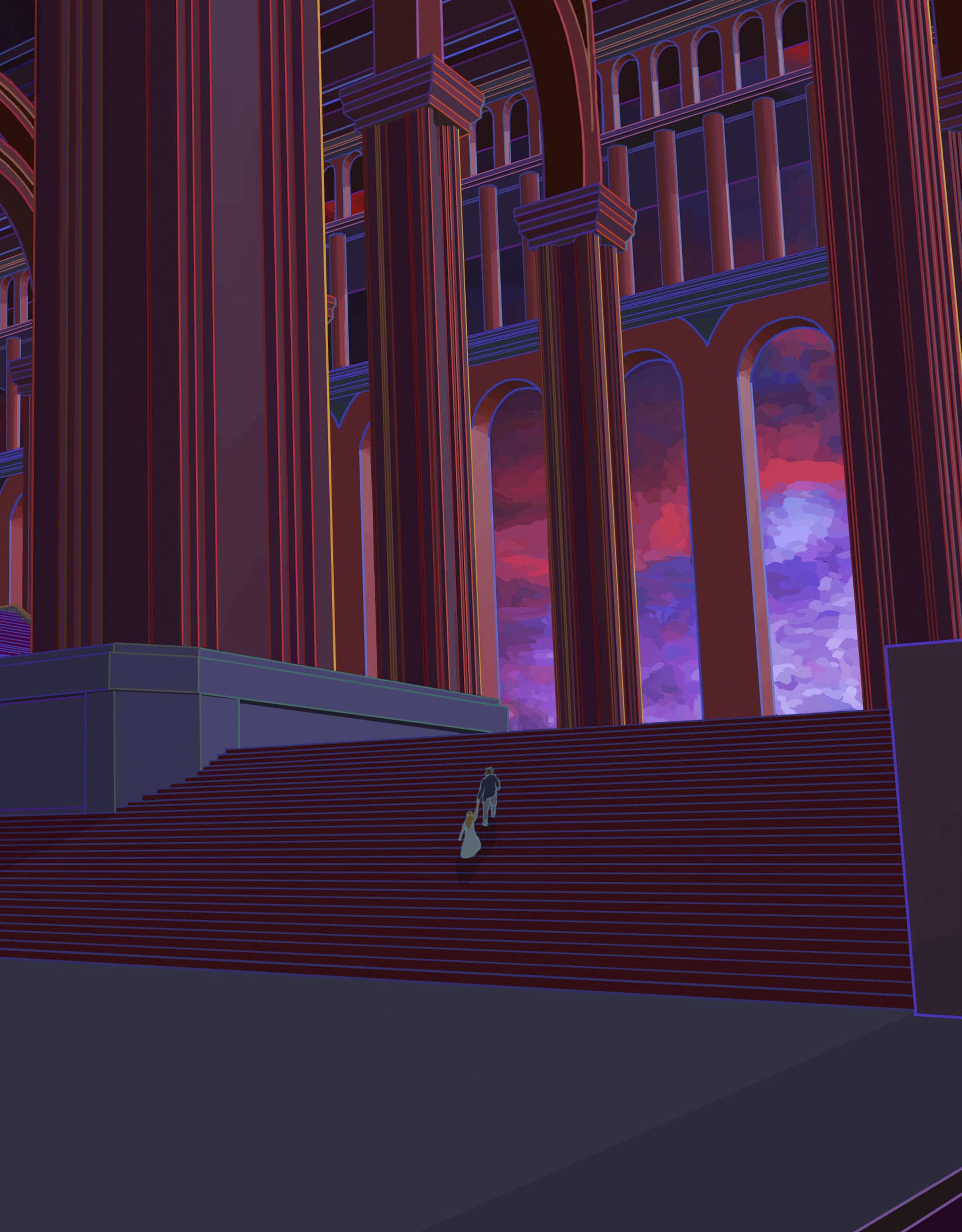 Mystical concept art of a riverbank with a church inspired by Gothic architecture, surrounded by a strange and atmospheric landscape