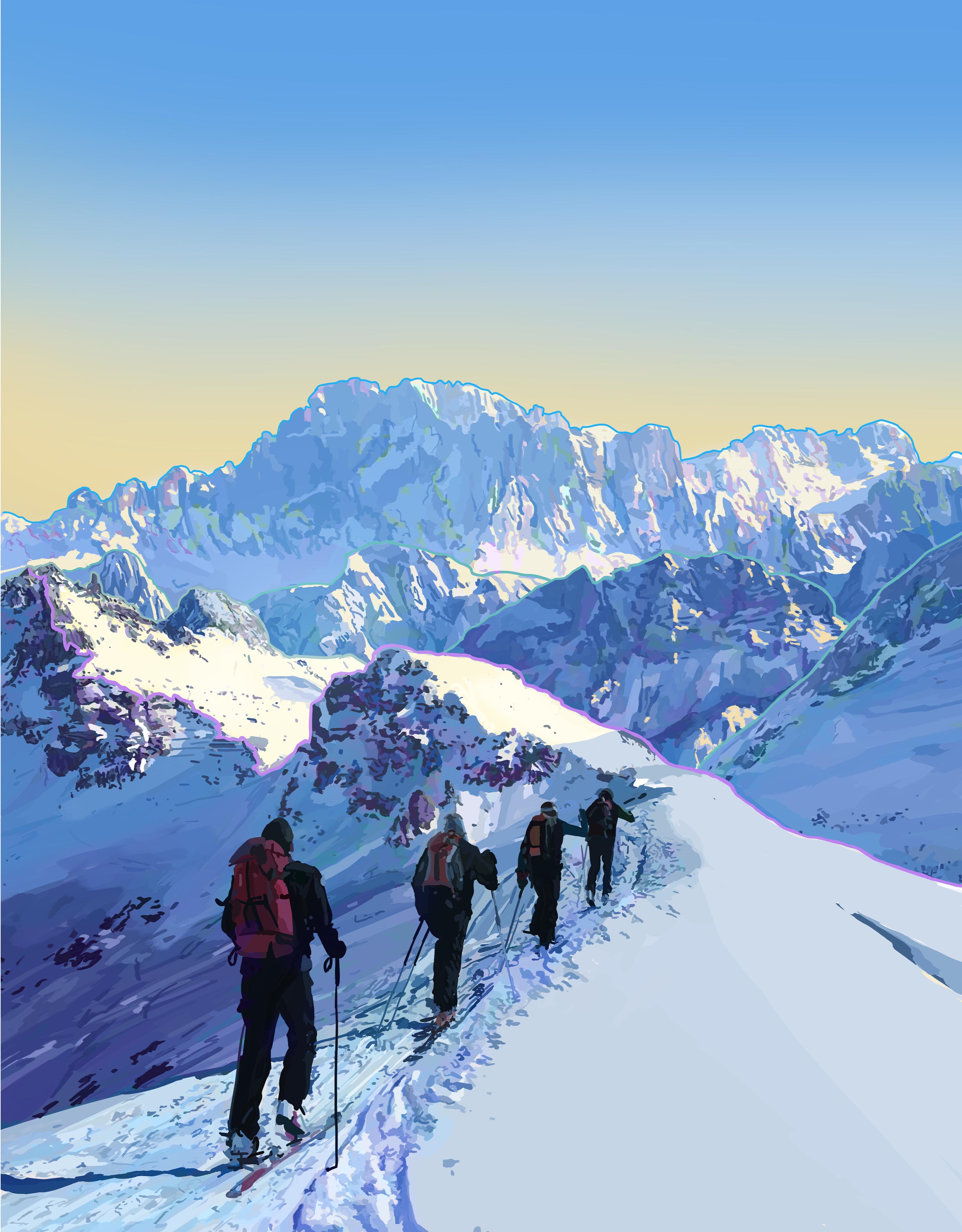 Editorial illustration of hikers standing on top of a mountain, with a panoramic view of the landscape
